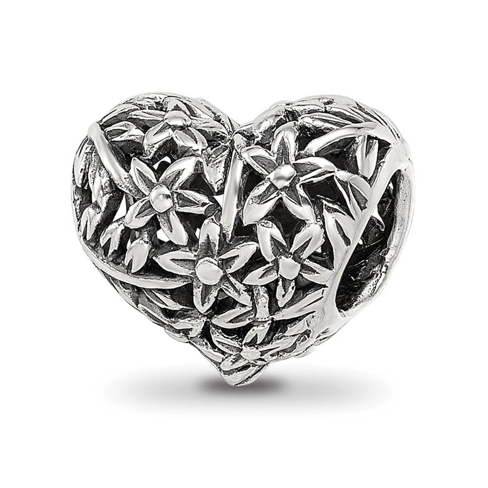 Filigree Flower Heart Bead Charm in Antiqued Sterling Silver, Item B12158 by The Black Bow Jewelry Co.