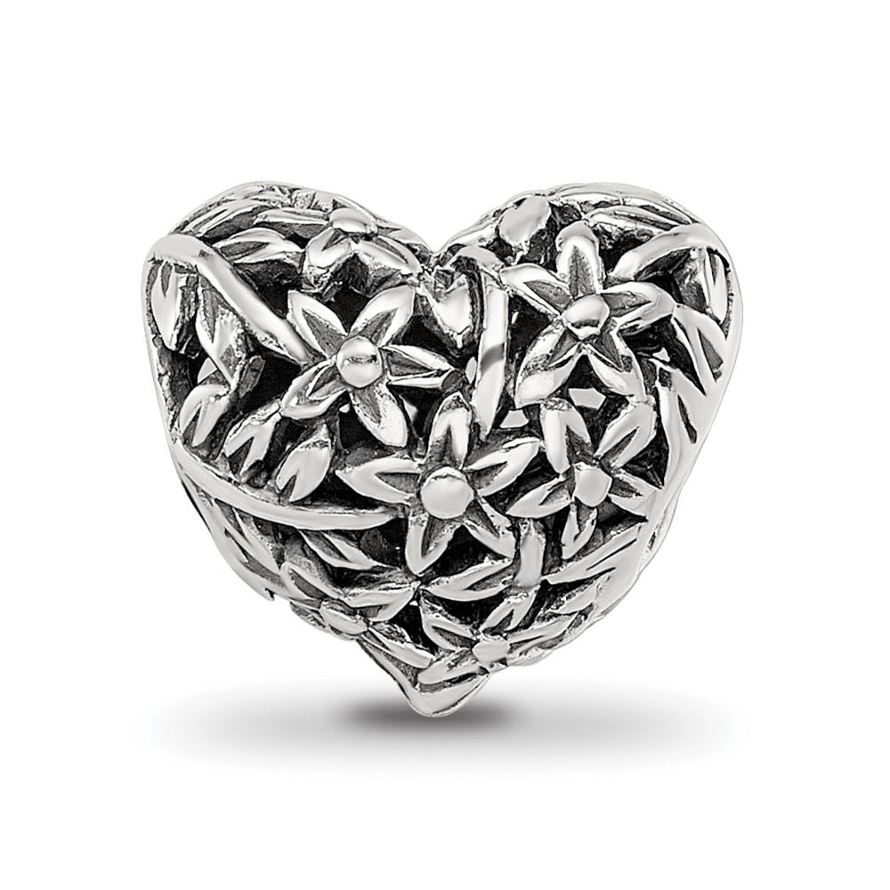 Alternate view of the Filigree Flower Heart Bead Charm in Antiqued Sterling Silver by The Black Bow Jewelry Co.