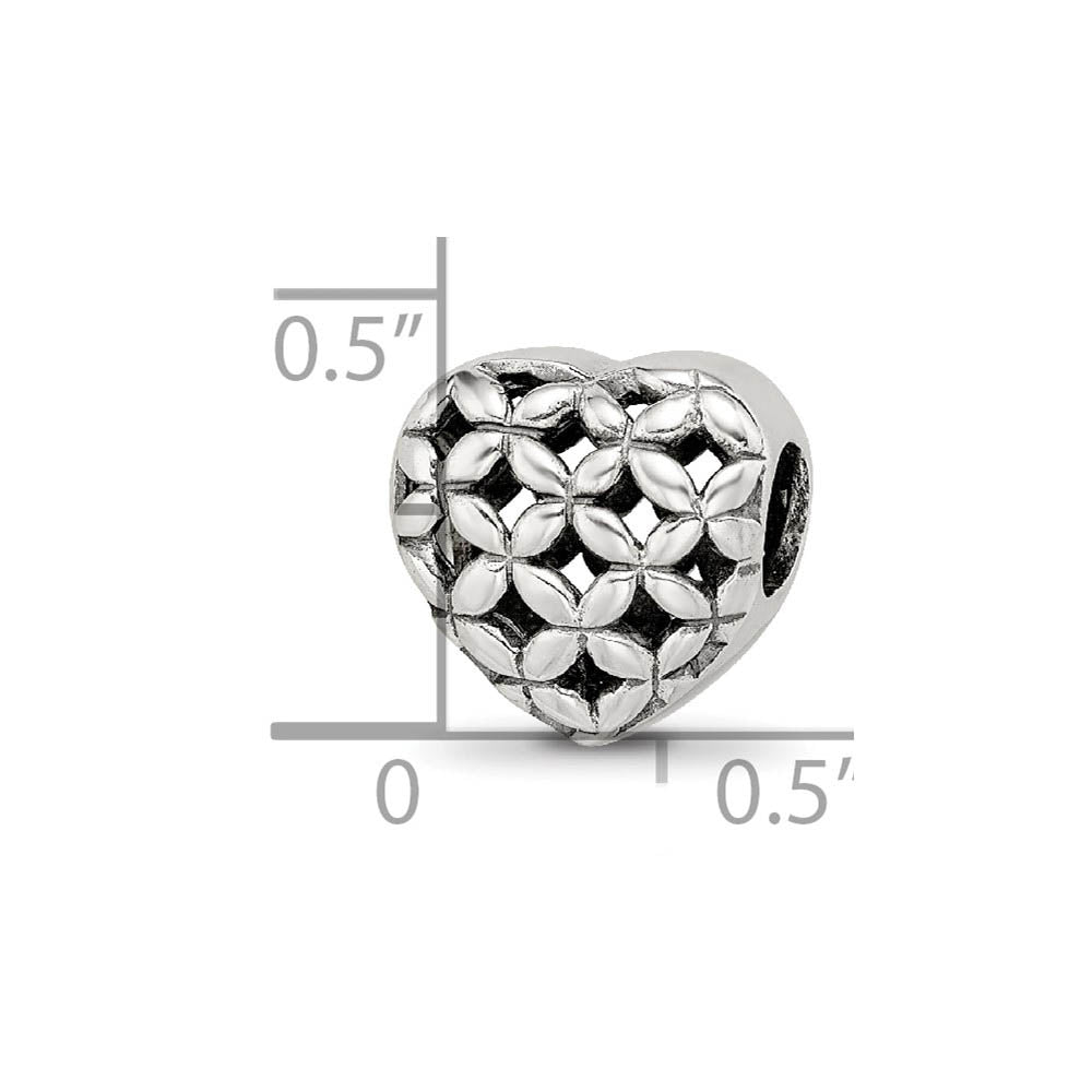 Alternate view of the Sterling Silver Floral Lattice Heart Bead Charm by The Black Bow Jewelry Co.