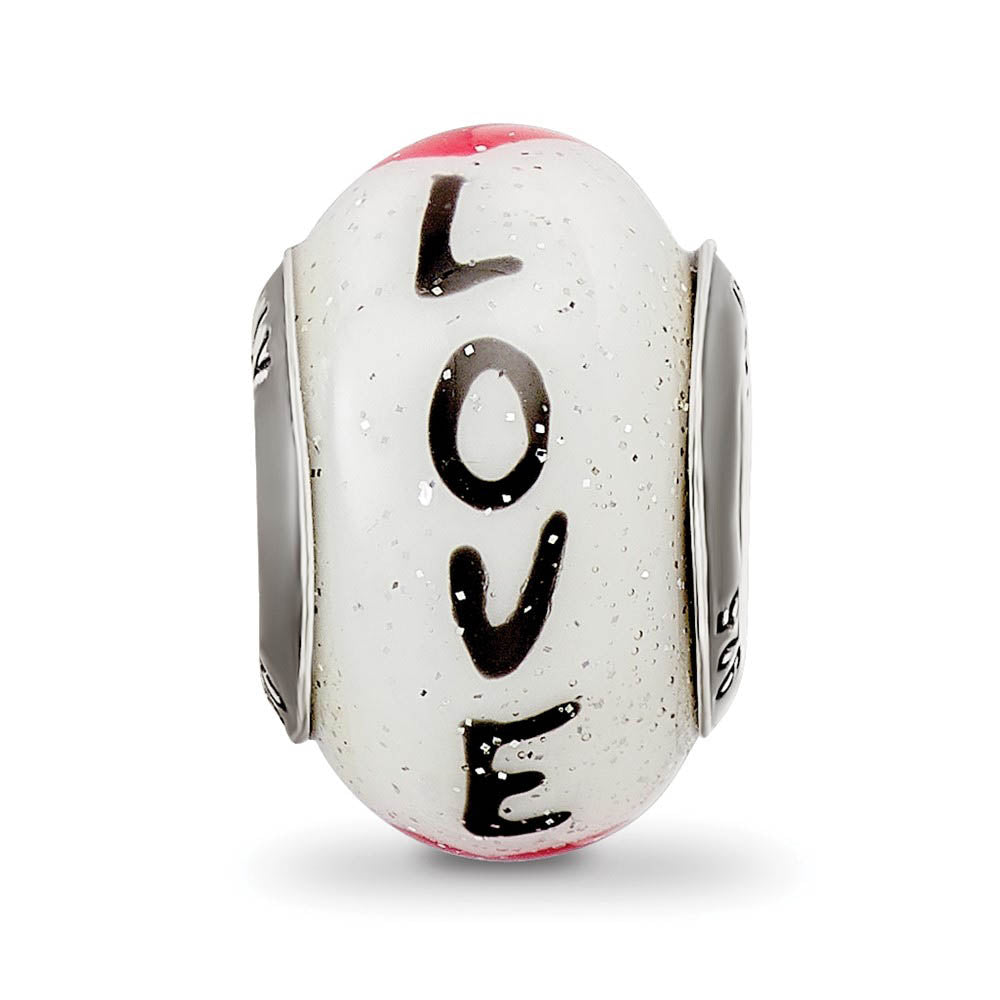 Alternate view of the Sterling Silver & Italian Murano Glass Love Script w/Hearts Bead Charm by The Black Bow Jewelry Co.