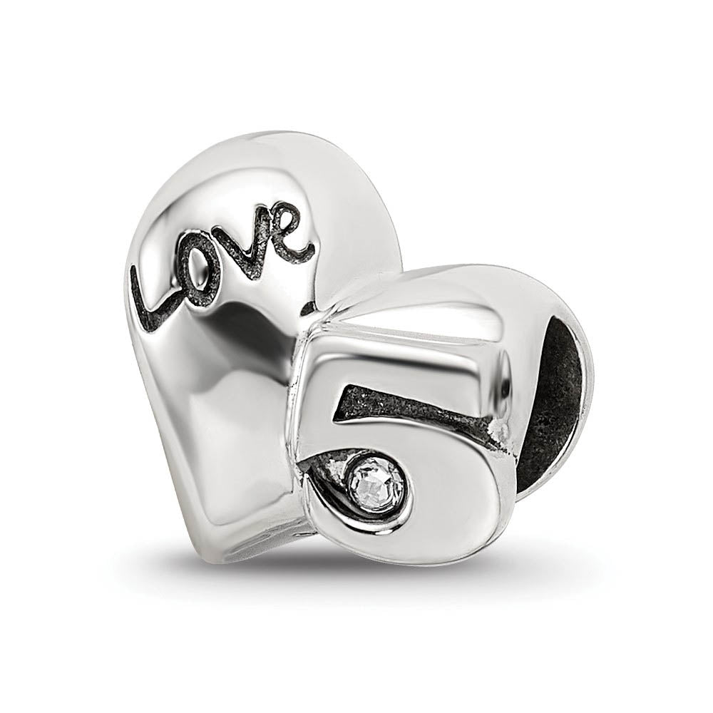 Sterling Silver with Crystals 5th Anniversary Heart Bead Charm, Item B12172 by The Black Bow Jewelry Co.