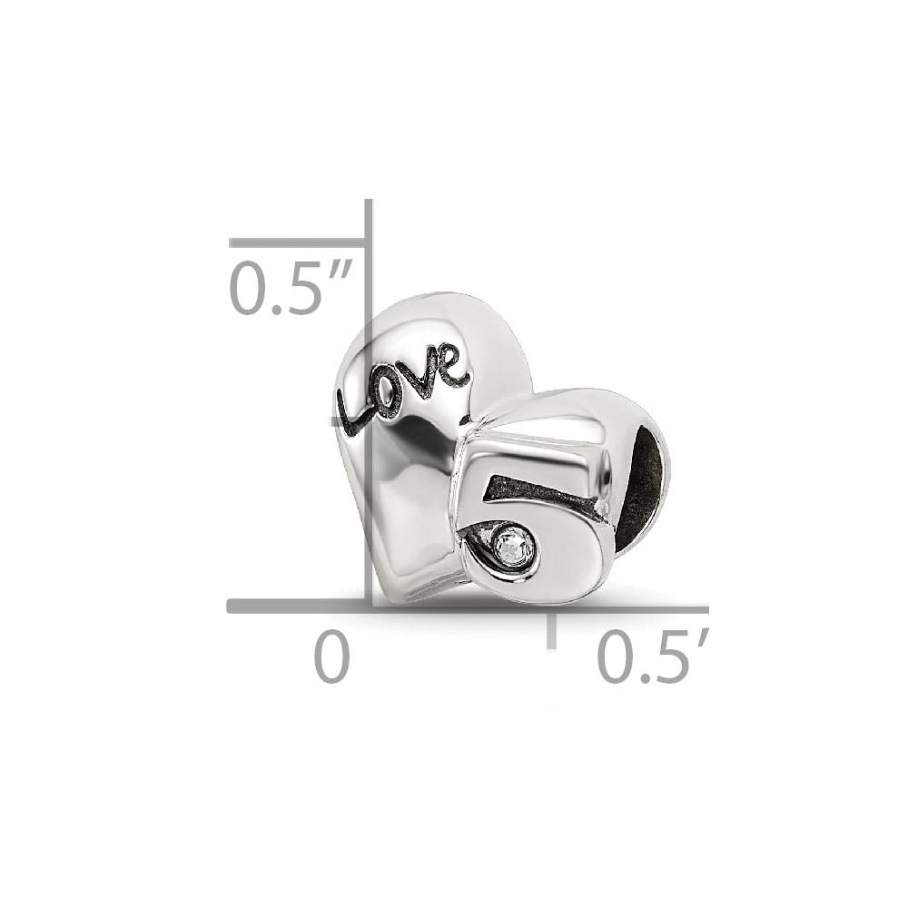 Alternate view of the Sterling Silver with Crystals 5th Anniversary Heart Bead Charm by The Black Bow Jewelry Co.