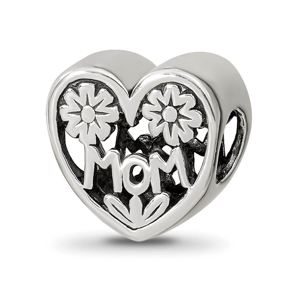 Sterling Silver Floral MOM Heart Bead Charm, Item B12178 by The Black Bow Jewelry Co.