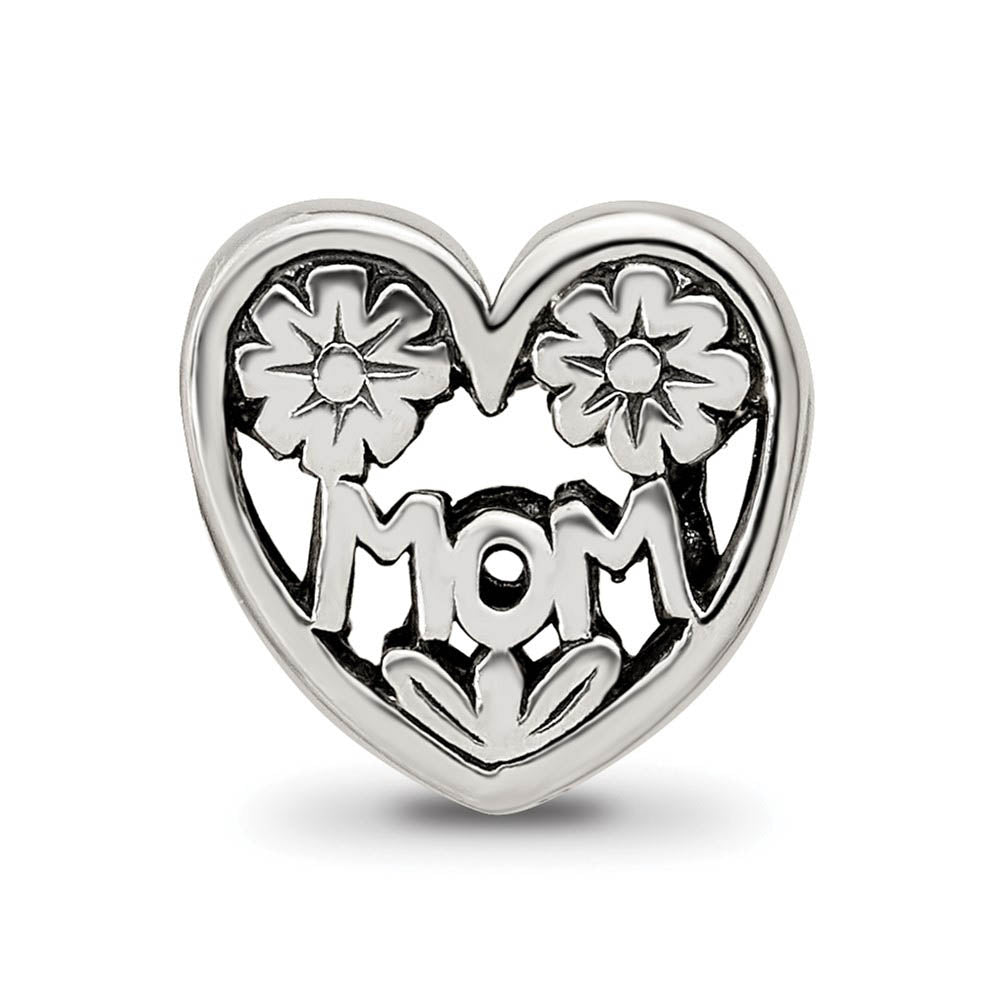 Alternate view of the Sterling Silver Floral MOM Heart Bead Charm by The Black Bow Jewelry Co.