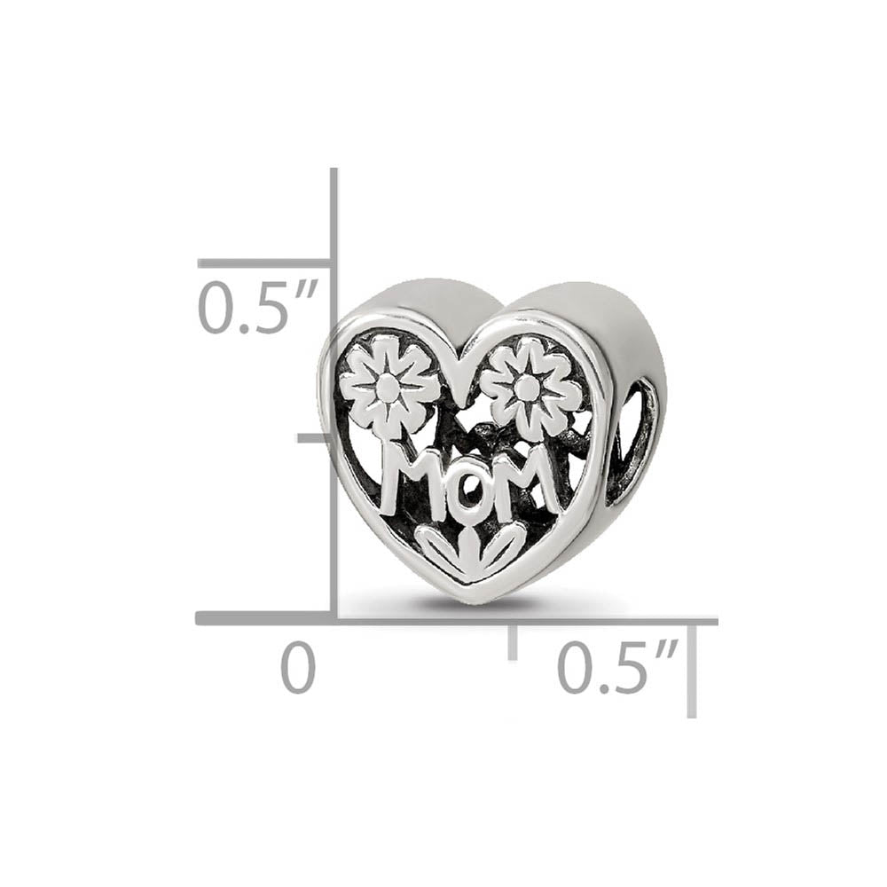 Alternate view of the Sterling Silver Floral MOM Heart Bead Charm by The Black Bow Jewelry Co.