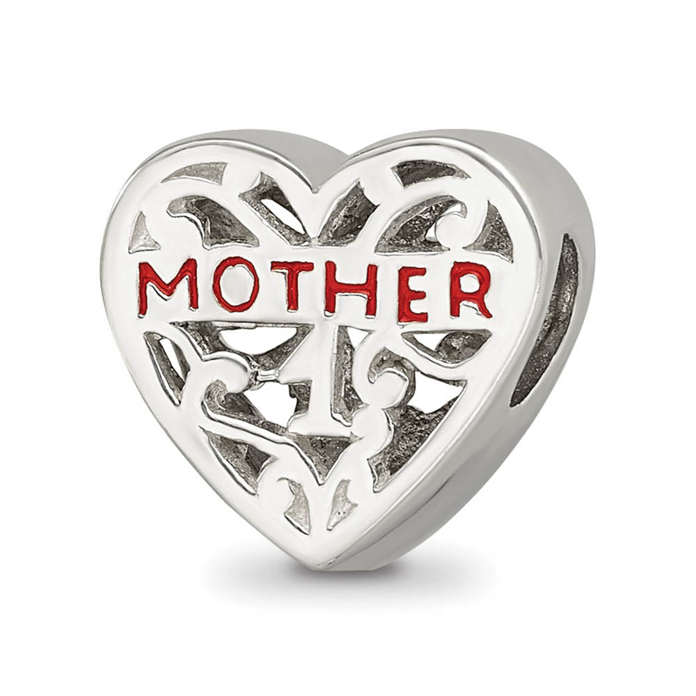Sterling Silver & Red Enameled Mother Filigree Heart Bead Charm, Item B12179 by The Black Bow Jewelry Co.