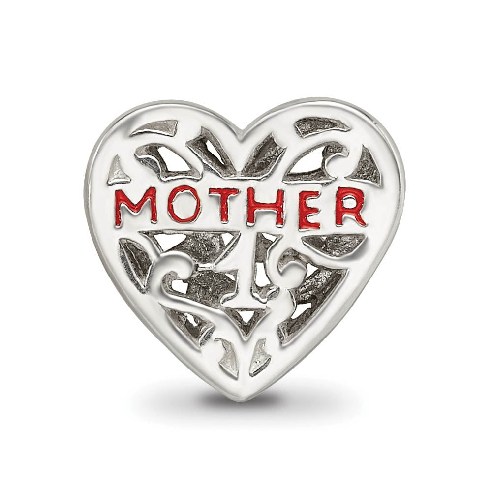 Alternate view of the Sterling Silver & Red Enameled Mother Filigree Heart Bead Charm by The Black Bow Jewelry Co.