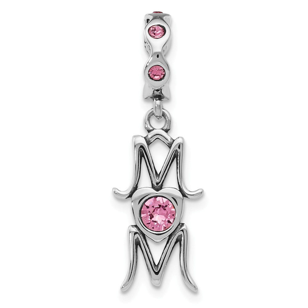 Sterling Silver with Pink Crystals MOM Dangle Bead Charm, Item B12180 by The Black Bow Jewelry Co.