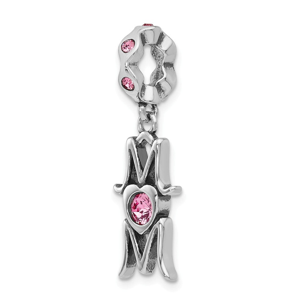 Alternate view of the Sterling Silver with Pink Crystals MOM Dangle Bead Charm by The Black Bow Jewelry Co.