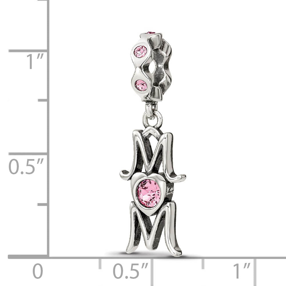 Alternate view of the Sterling Silver with Pink Crystals MOM Dangle Bead Charm by The Black Bow Jewelry Co.