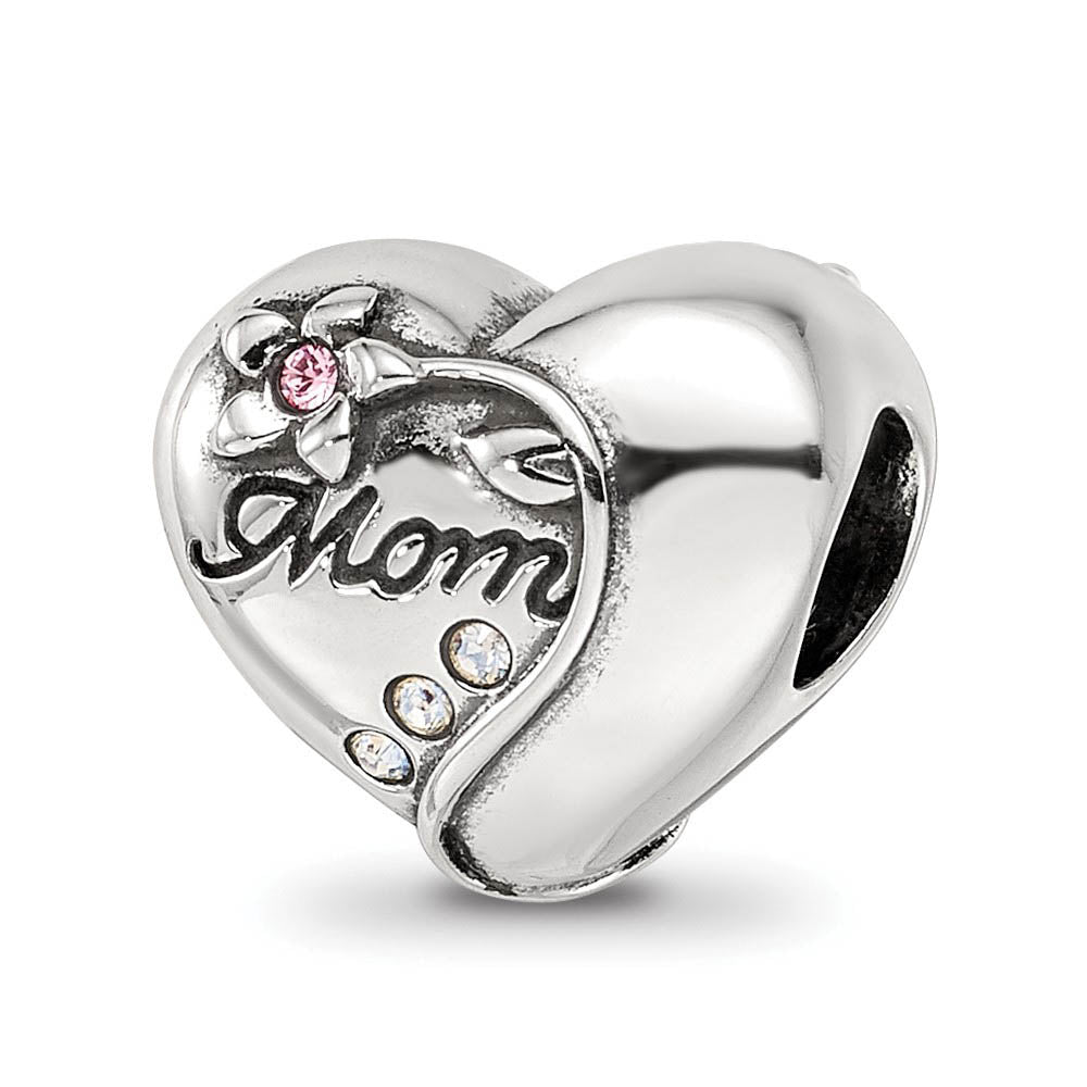 Sterling Silver with Crystals Vining Flower Mom Heart Bead Charm, Item B12182 by The Black Bow Jewelry Co.