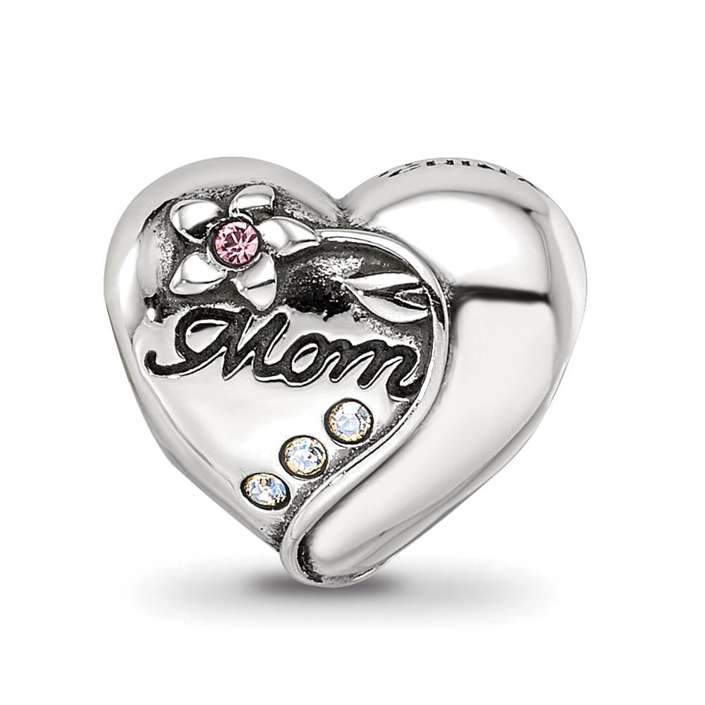 Alternate view of the Sterling Silver with Crystals Vining Flower Mom Heart Bead Charm by The Black Bow Jewelry Co.