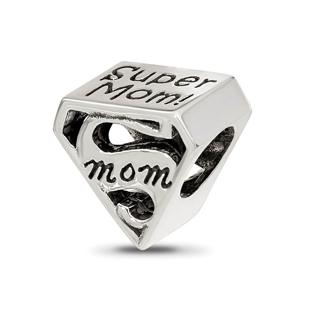 Sterling Silver Super Mom Shield Bead Charm, Item B12187 by The Black Bow Jewelry Co.