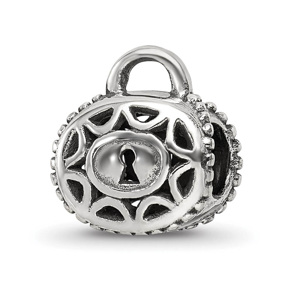 Filigree Padlock Bead Charm in Antiqued Sterling Silver, Item B12203 by The Black Bow Jewelry Co.