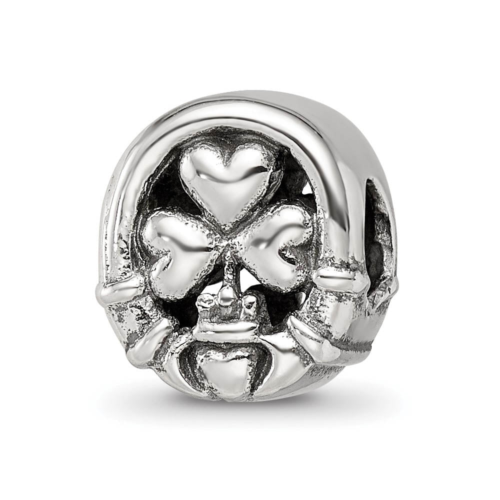 Claddagh Clover Bead Charm in Antiqued Sterling Silver, Item B12231 by The Black Bow Jewelry Co.