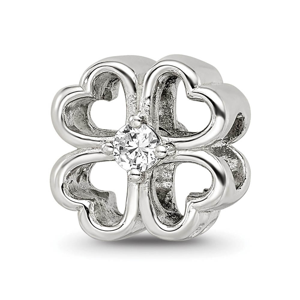 Four Leaf Heart Clover Cubic Zirconia and Sterling Silver Bead Charm, Item B12232 by The Black Bow Jewelry Co.