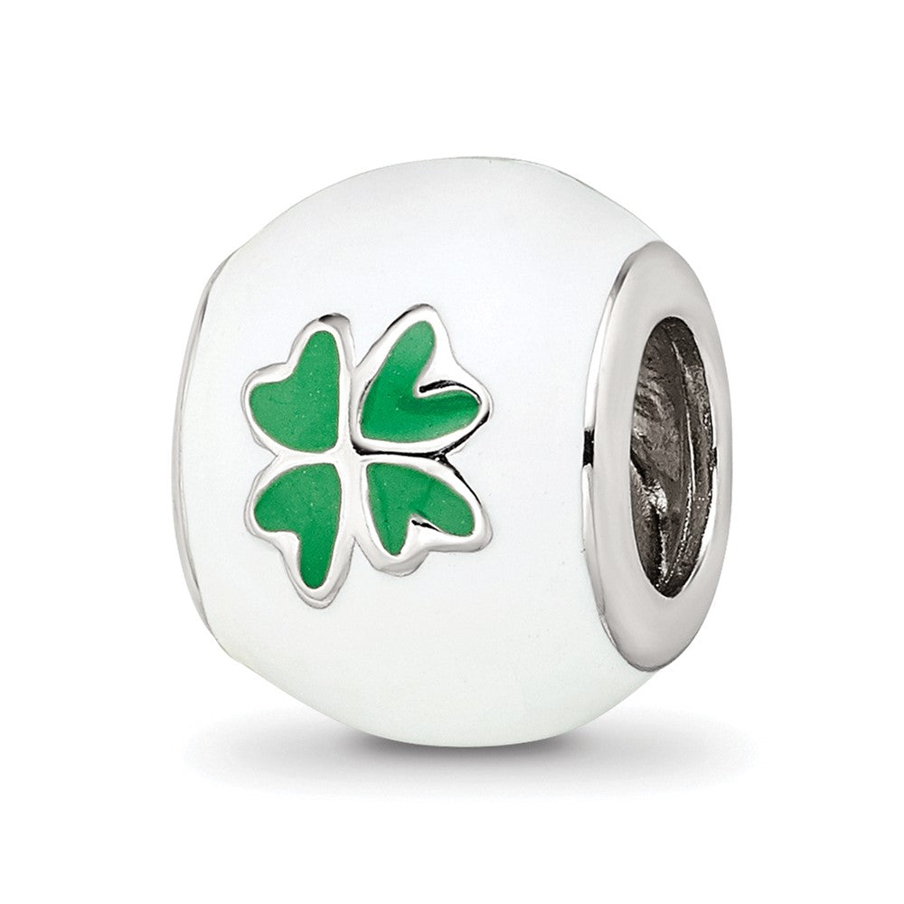 Sterling Silver, White &amp; Green Enamel Four Leaf Clover Bead Charm, Item B12234 by The Black Bow Jewelry Co.