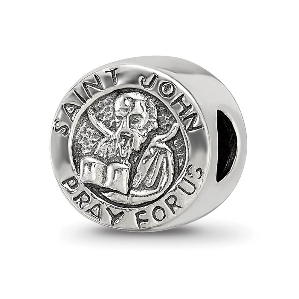 Saint John Pray for Us Cylinder Bead Charm in Antiqued Sterling Silver, Item B12244 by The Black Bow Jewelry Co.