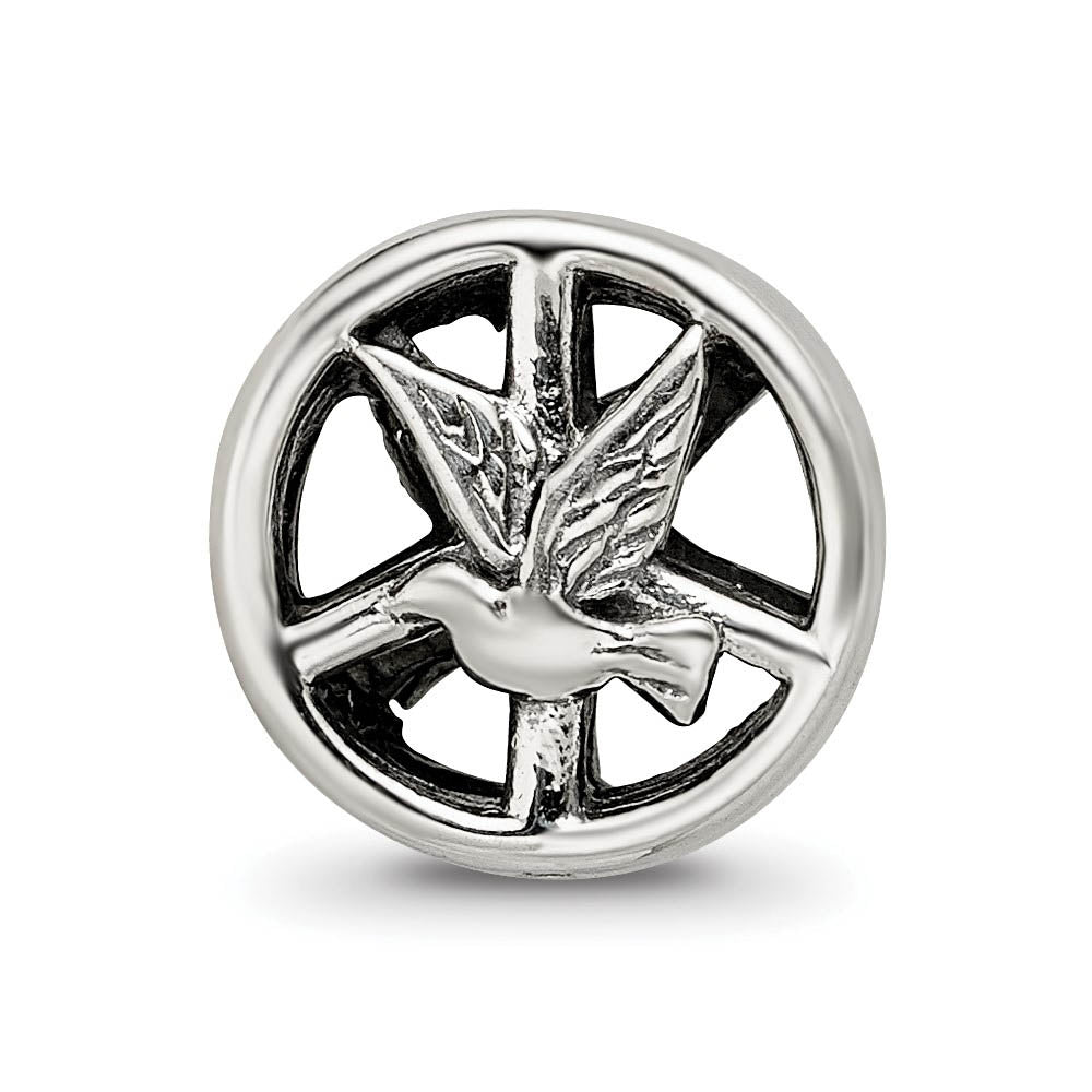 Alternate view of the Dove & Peace Sign Cylinder Bead Charm in Antiqued Sterling Silver by The Black Bow Jewelry Co.