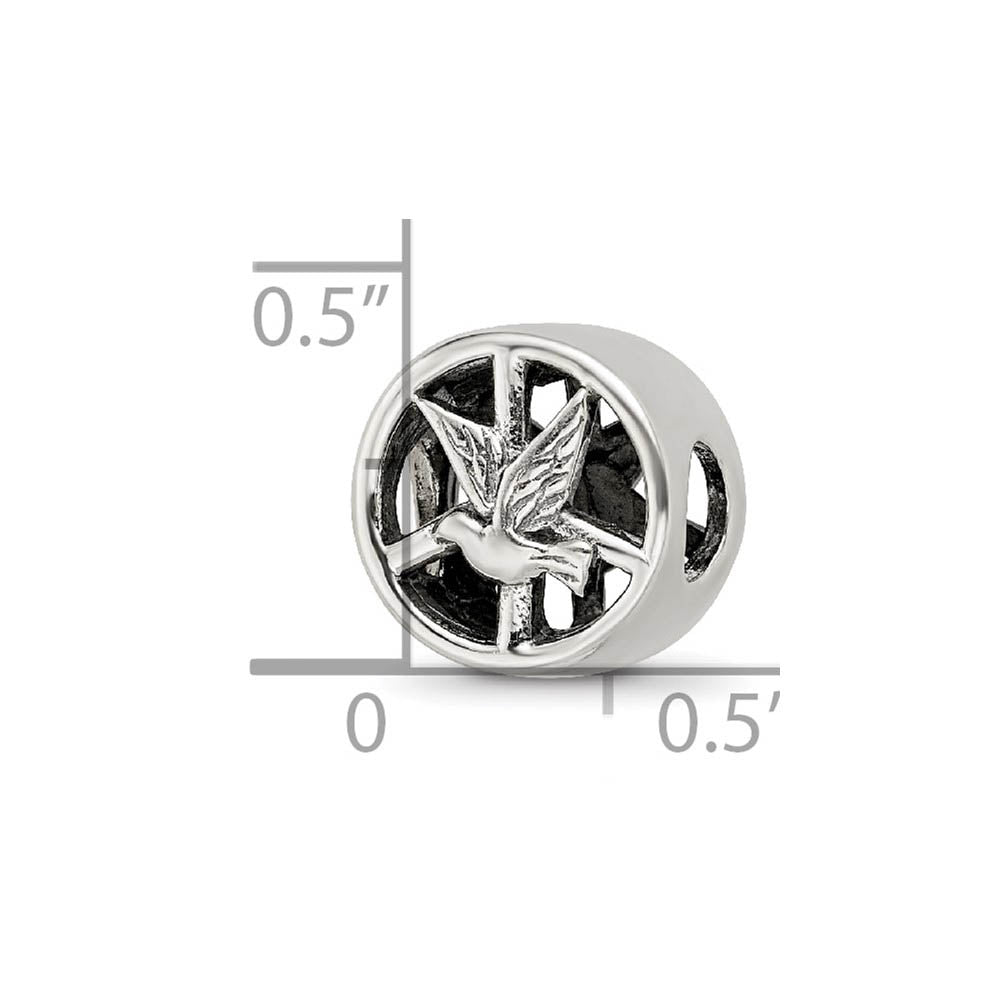 Alternate view of the Dove & Peace Sign Cylinder Bead Charm in Antiqued Sterling Silver by The Black Bow Jewelry Co.