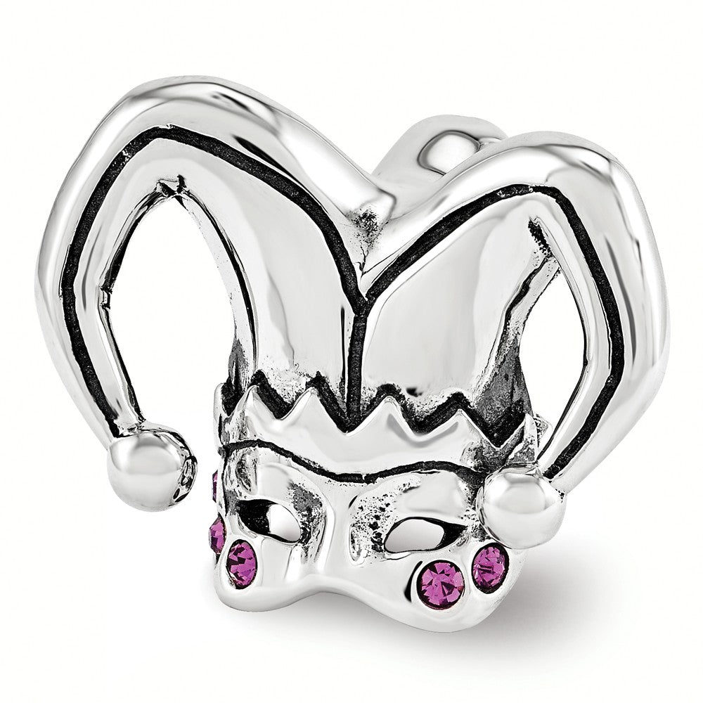 Jester Mask Sterling Silver Bead Charm with Pink Crystals, Item B12255 by The Black Bow Jewelry Co.