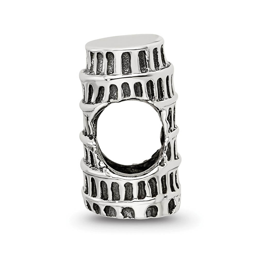 Alternate view of the 3D Leaning Tower of Pisa Bead Charm in Antiqued Sterling Silver by The Black Bow Jewelry Co.