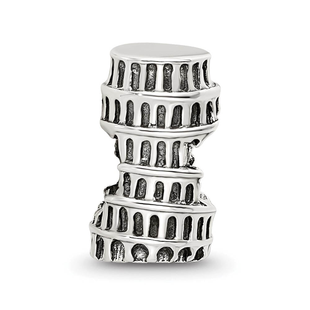 Alternate view of the 3D Leaning Tower of Pisa Bead Charm in Antiqued Sterling Silver by The Black Bow Jewelry Co.