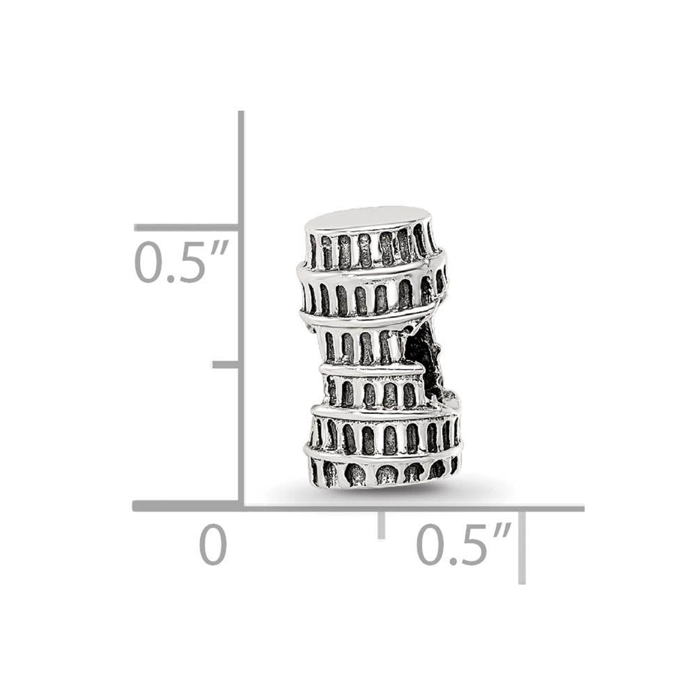 Alternate view of the 3D Leaning Tower of Pisa Bead Charm in Antiqued Sterling Silver by The Black Bow Jewelry Co.