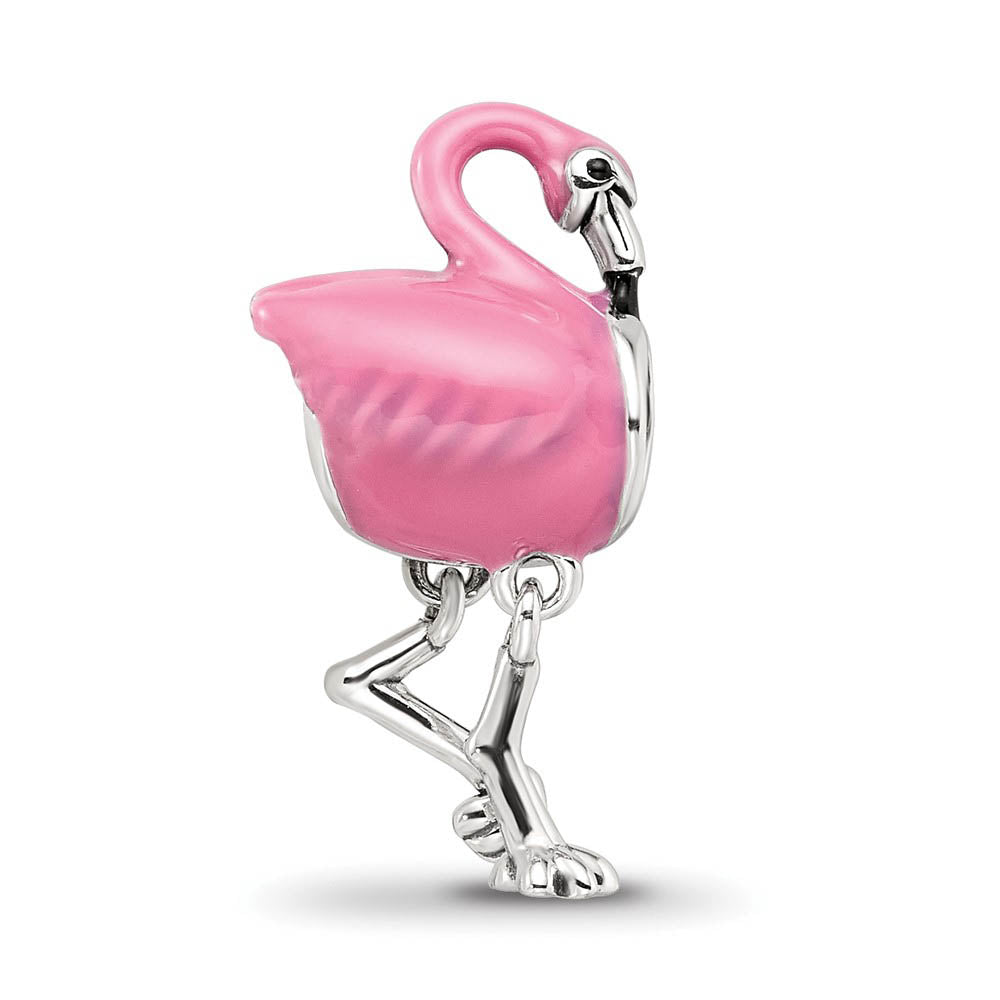 Alternate view of the Sterling Silver Pink Enamel Flamingo Dangle Bead Charm by The Black Bow Jewelry Co.