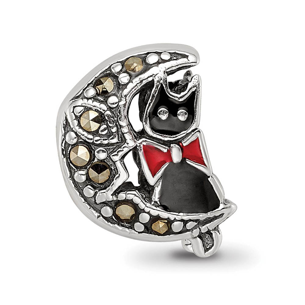 Alternate view of the Sterling Silver Enamel & Marcasite Cat & Moon Double Sided Bead Charm by The Black Bow Jewelry Co.