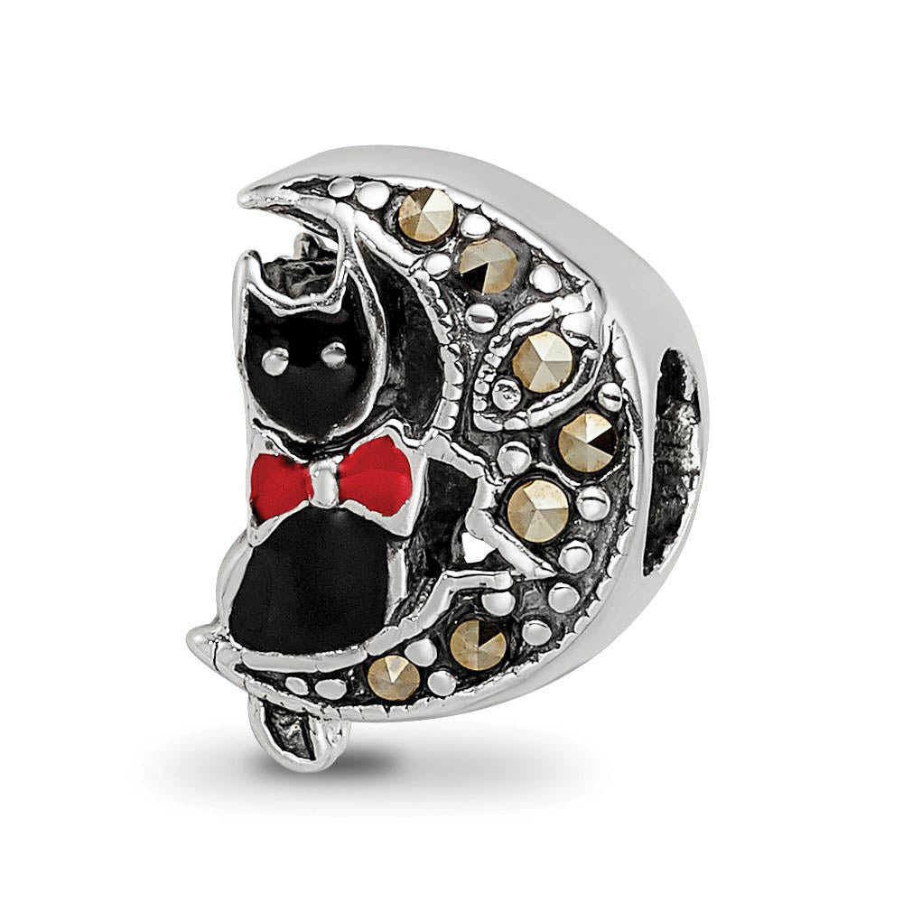 Alternate view of the Sterling Silver Enamel & Marcasite Cat & Moon Double Sided Bead Charm by The Black Bow Jewelry Co.