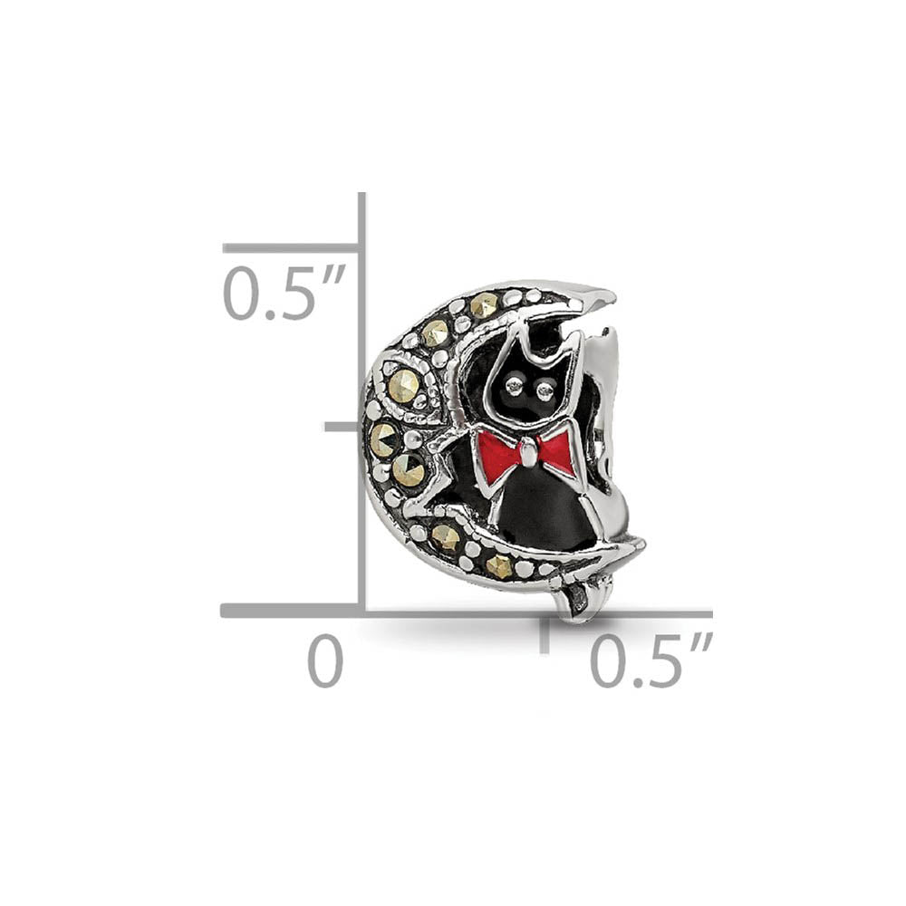 Alternate view of the Sterling Silver Enamel & Marcasite Cat & Moon Double Sided Bead Charm by The Black Bow Jewelry Co.