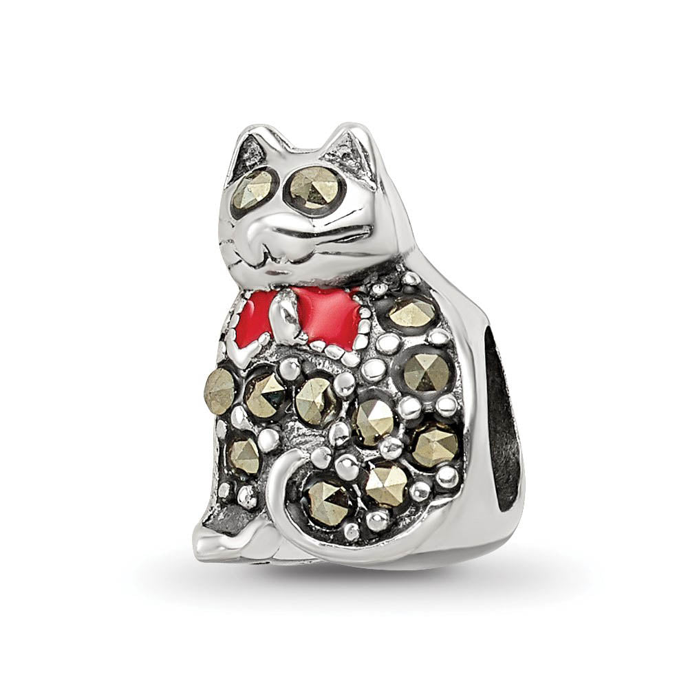 Sterling Silver, Enamel & Marcasite Cat with Red Bow Bead Charm, Item B12299 by The Black Bow Jewelry Co.