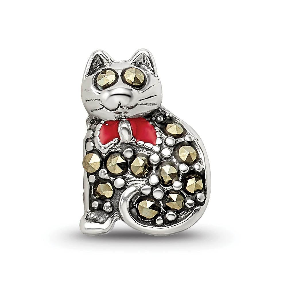 Alternate view of the Sterling Silver, Enamel & Marcasite Cat with Red Bow Bead Charm by The Black Bow Jewelry Co.