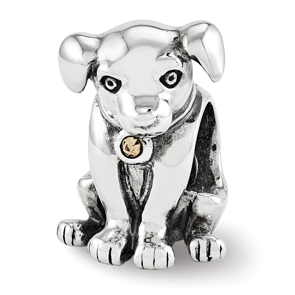 Sterling Silver Puppy with Yellow Crystal Collar Bead Charm, Item B12306 by The Black Bow Jewelry Co.