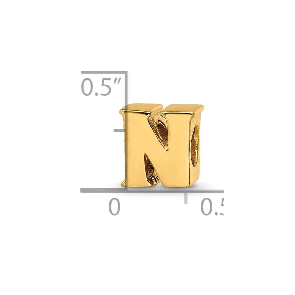 Alternate view of the Letter N Bead Charm in 14k Yellow Gold Plated Sterling Silver by The Black Bow Jewelry Co.