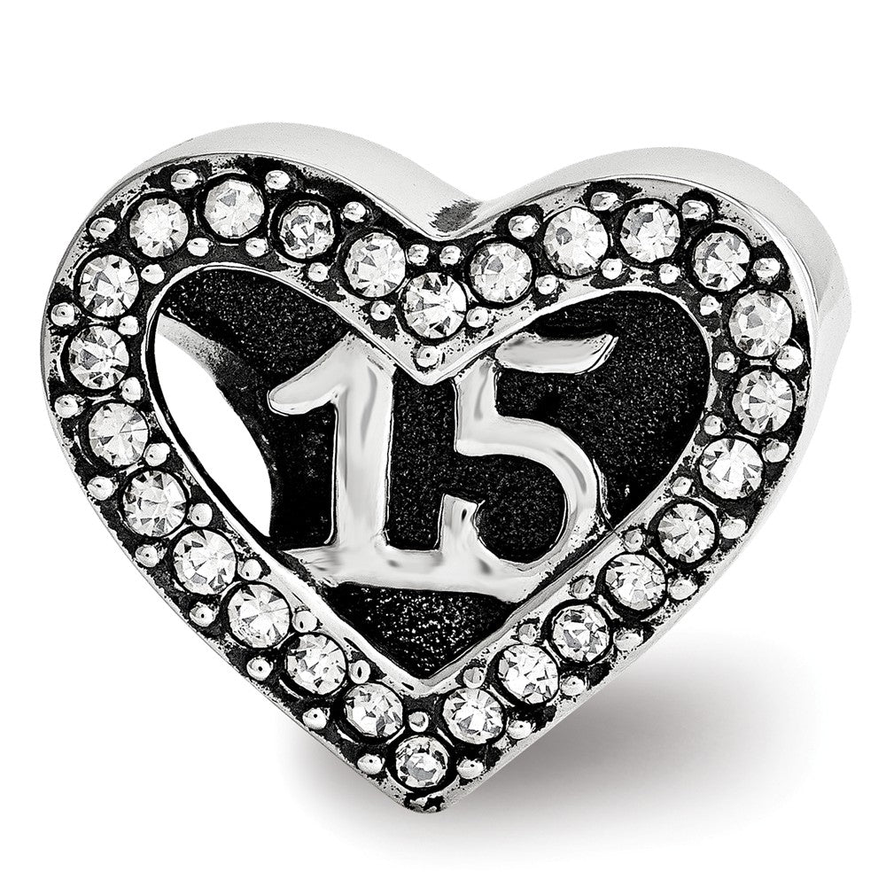 Sterling Silver with White Crystals Quinceanera Heart Bead Charm, Item B12339 by The Black Bow Jewelry Co.