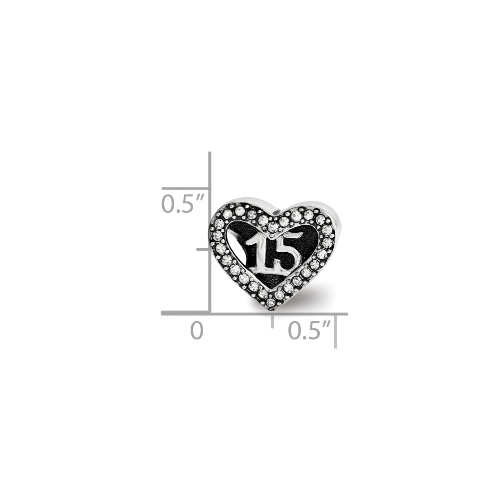 Alternate view of the Sterling Silver with White Crystals Quinceanera Heart Bead Charm by The Black Bow Jewelry Co.