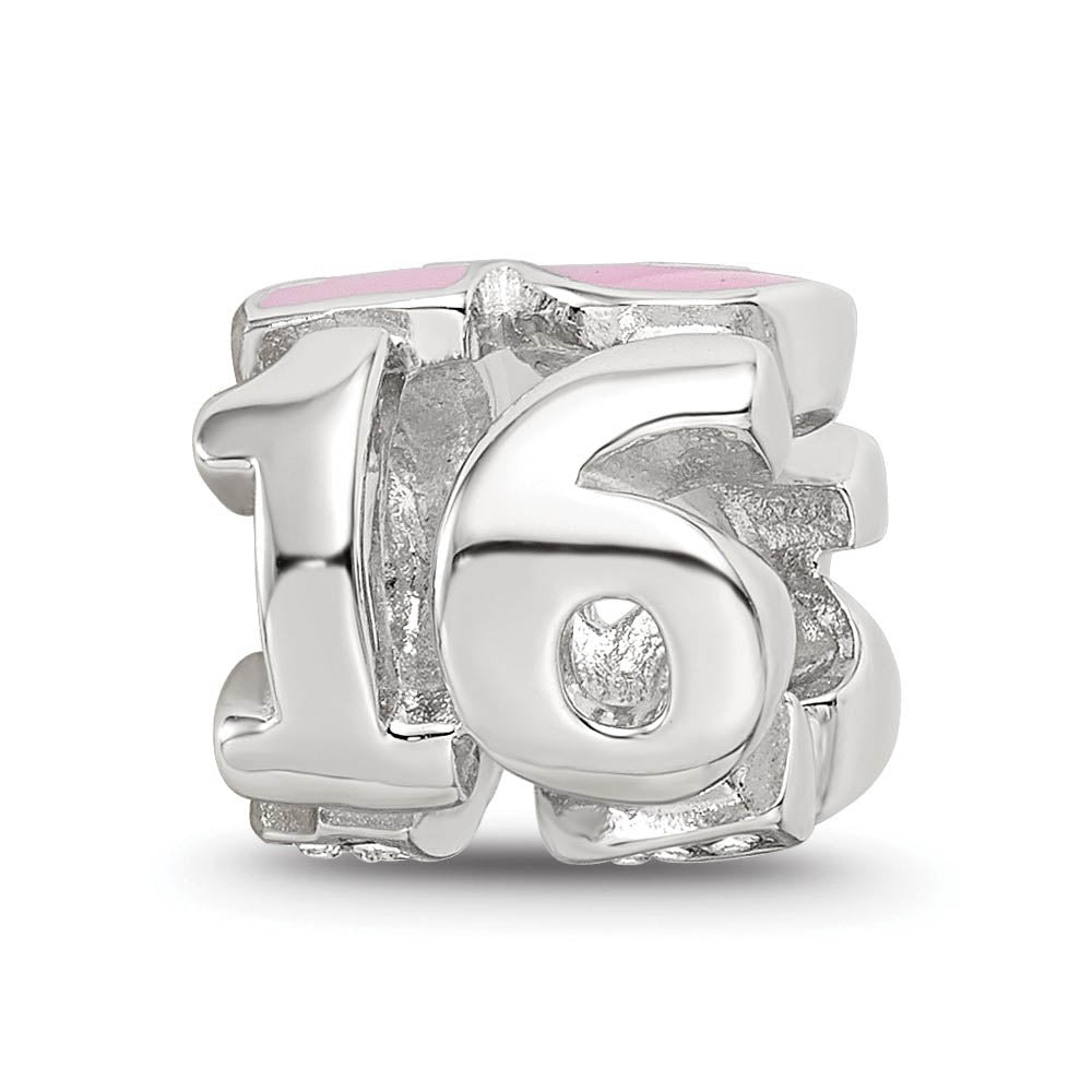 Alternate view of the Sterling Silver, Pink Enamel & Crystals 3-Sided Number 16 Bead Charm by The Black Bow Jewelry Co.