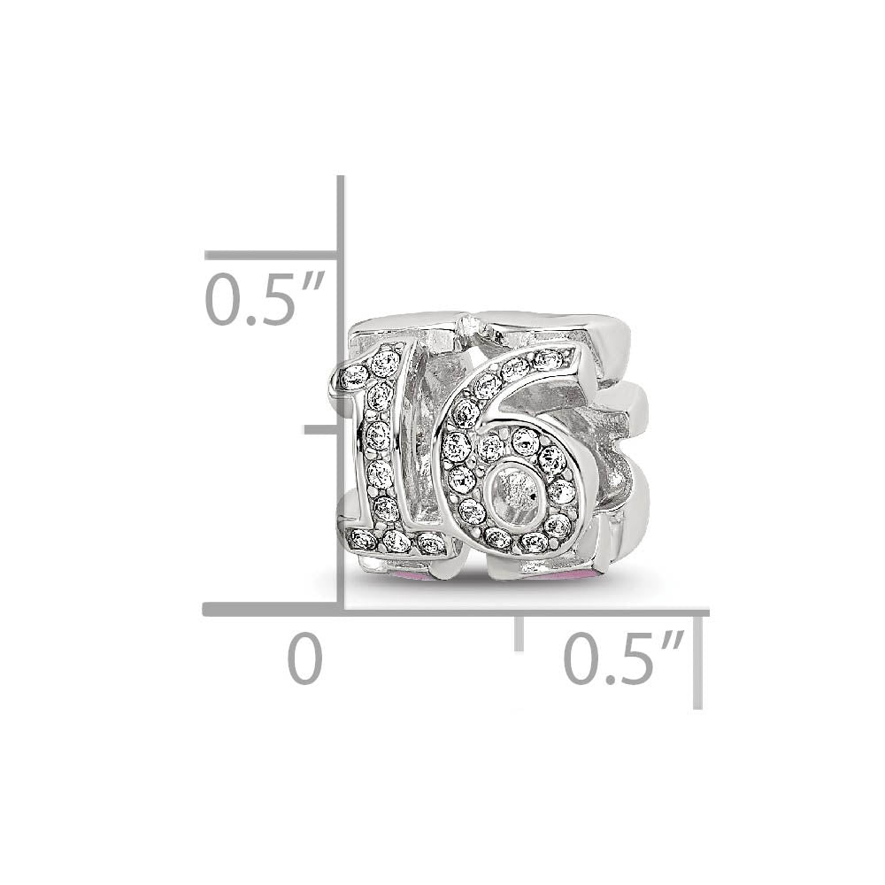 Alternate view of the Sterling Silver, Pink Enamel & Crystals 3-Sided Number 16 Bead Charm by The Black Bow Jewelry Co.