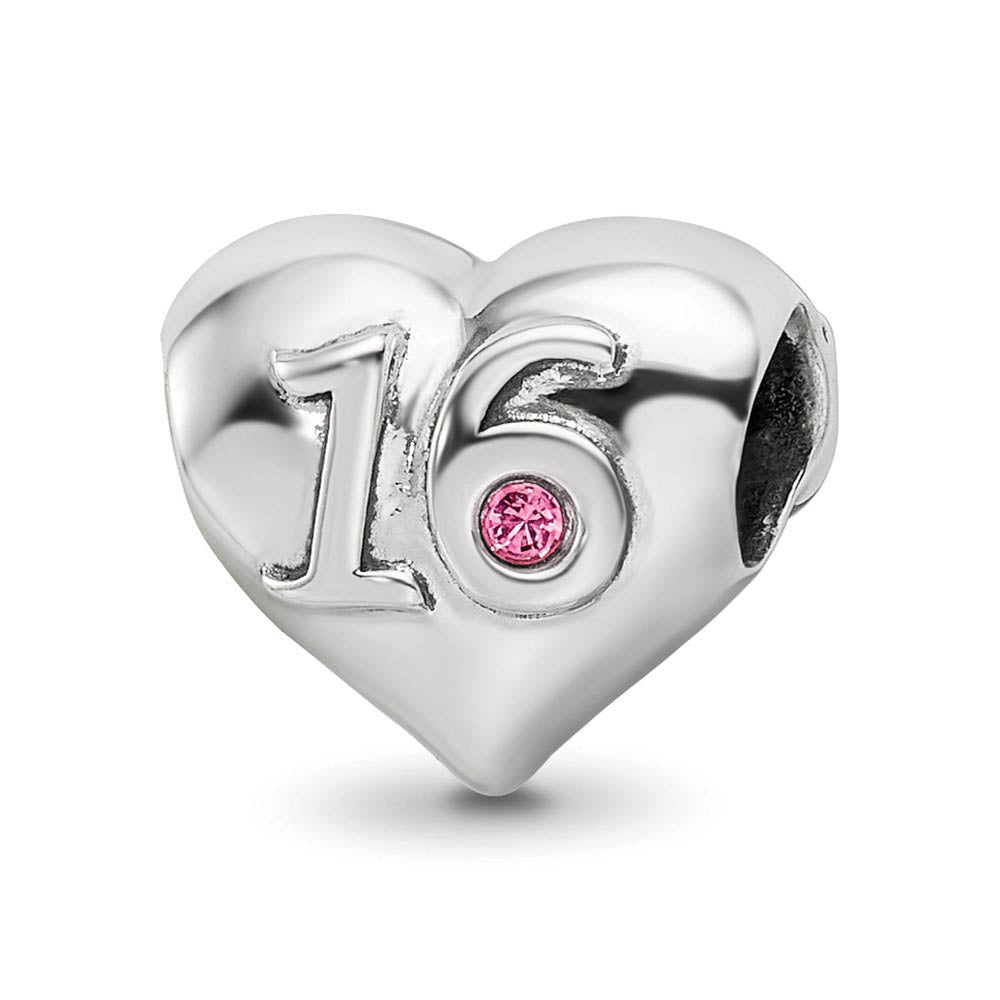 Alternate view of the Sterling Silver & Pink Crystal Sweet 16 Double Sided Heart Bead Charm by The Black Bow Jewelry Co.