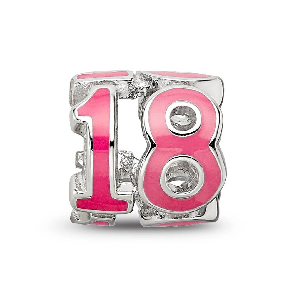 Alternate view of the Sterling Silver Pink Enameled Number 18 3-Sided Bead Charm by The Black Bow Jewelry Co.