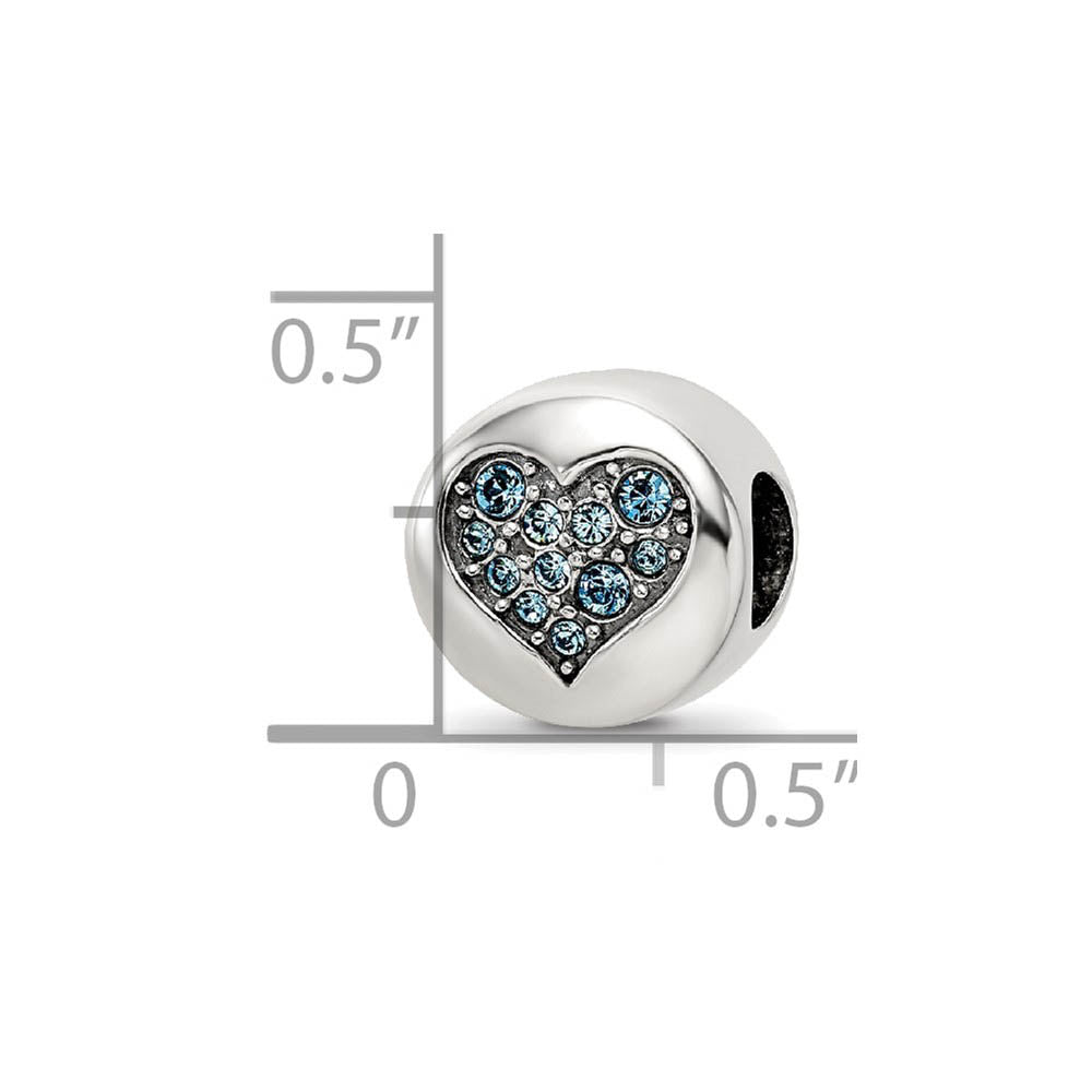 Alternate view of the Sterling Silver with Light Blue Crystals March Heart Courage Bead Charm by The Black Bow Jewelry Co.