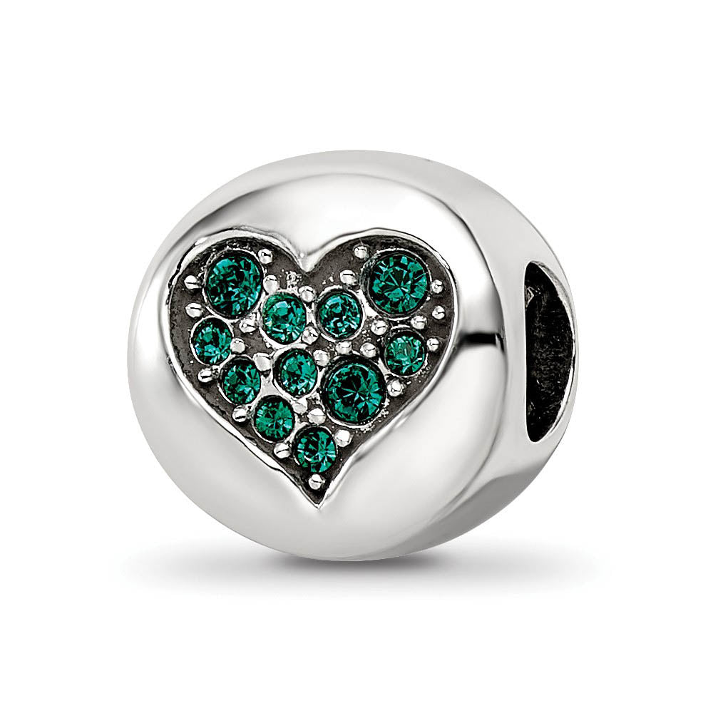 May Green Heart Success Sterling Silver & Crystal Bead Charm, Item B12349 by The Black Bow Jewelry Co.