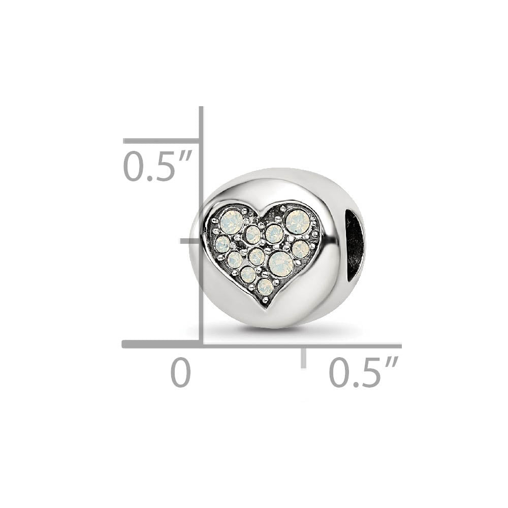 Alternate view of the Sterling Silver with Pearly Crystals June Heart Clarity Bead Charm by The Black Bow Jewelry Co.