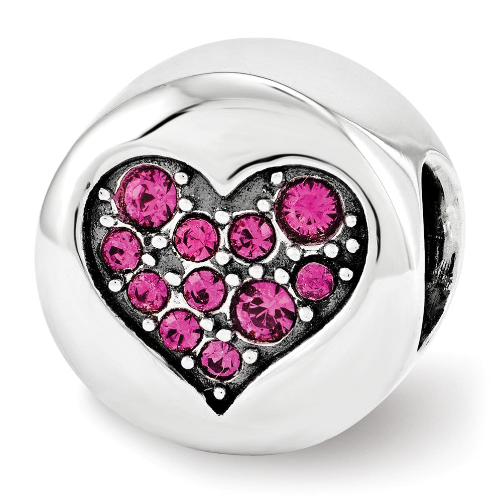 Sterling Silver with Dark Pink Crytals July Heart Passion Bead Charm, Item B12351 by The Black Bow Jewelry Co.