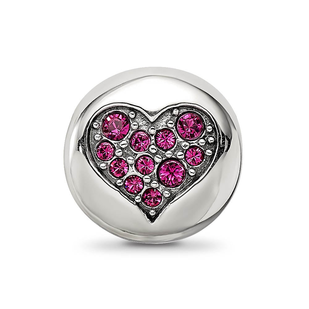 Alternate view of the Sterling Silver with Dark Pink Crytals July Heart Passion Bead Charm by The Black Bow Jewelry Co.