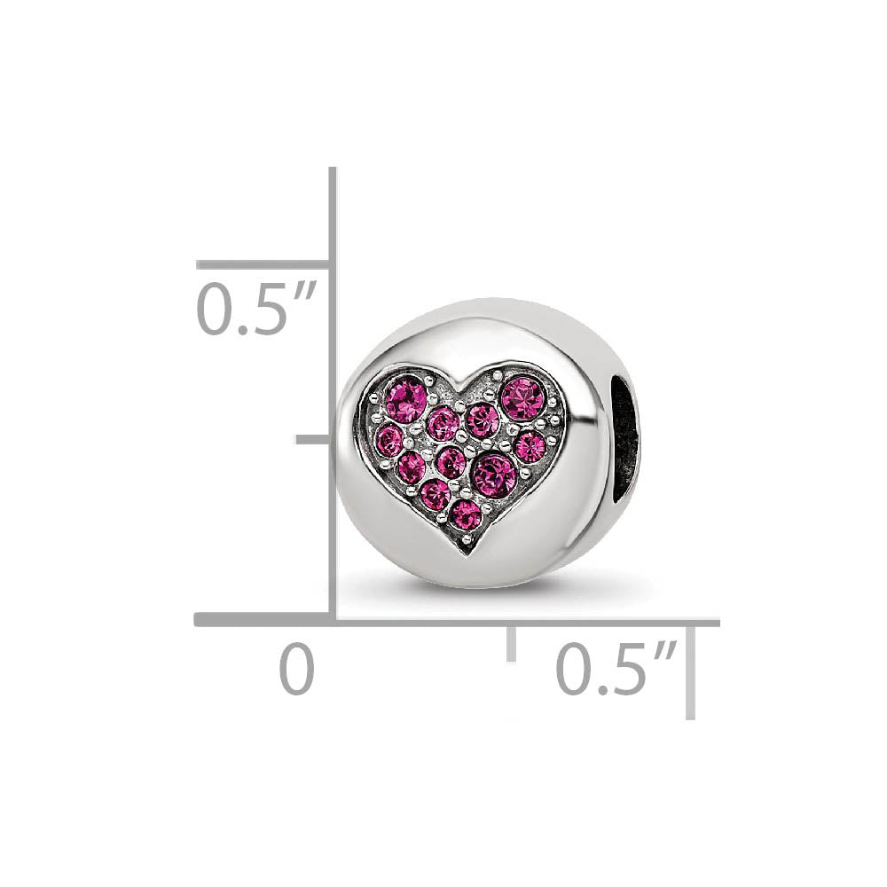 Alternate view of the Sterling Silver with Dark Pink Crytals July Heart Passion Bead Charm by The Black Bow Jewelry Co.