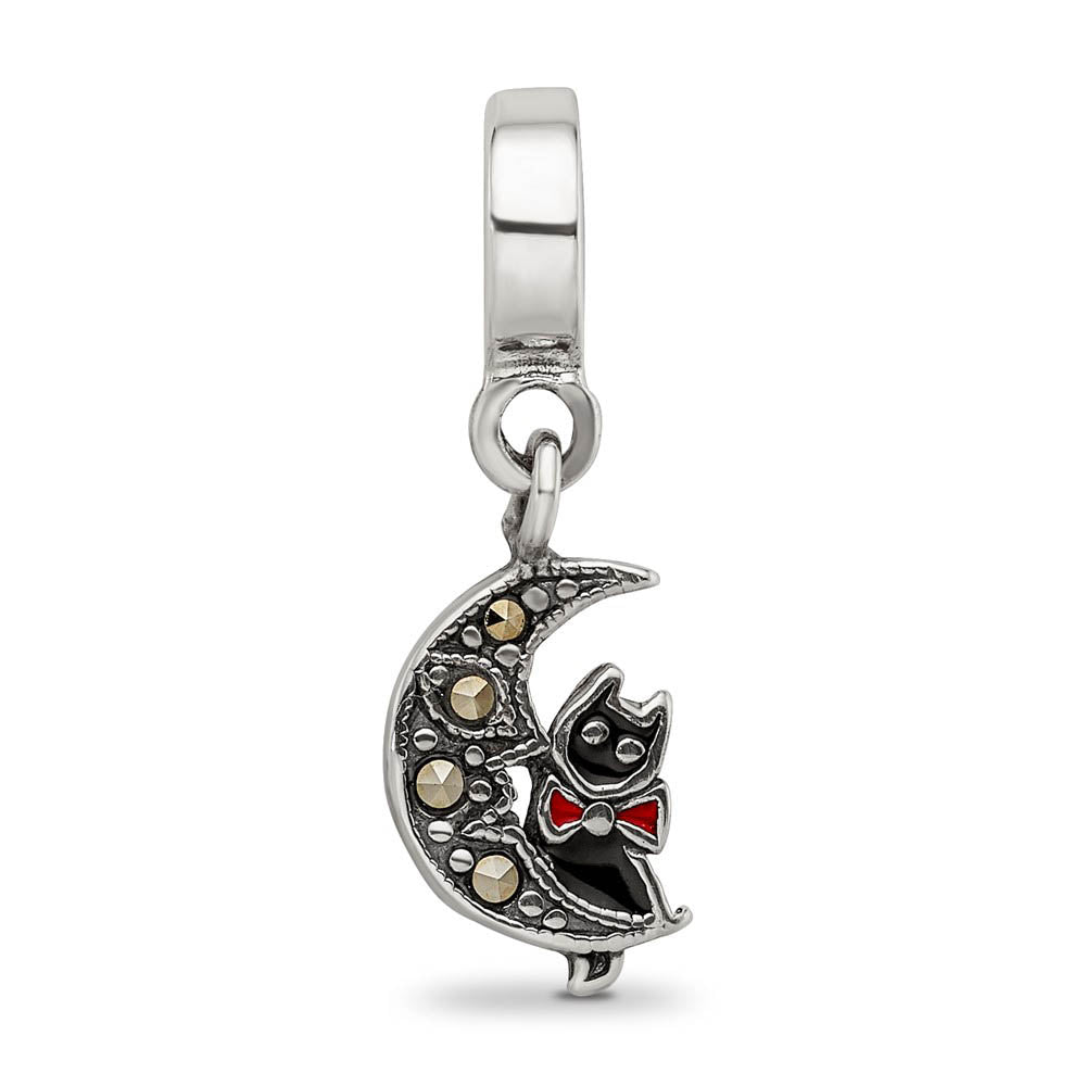 Alternate view of the Sterling Silver, Enameled Cat & Marcasite Moon Dangle Bead Charm by The Black Bow Jewelry Co.