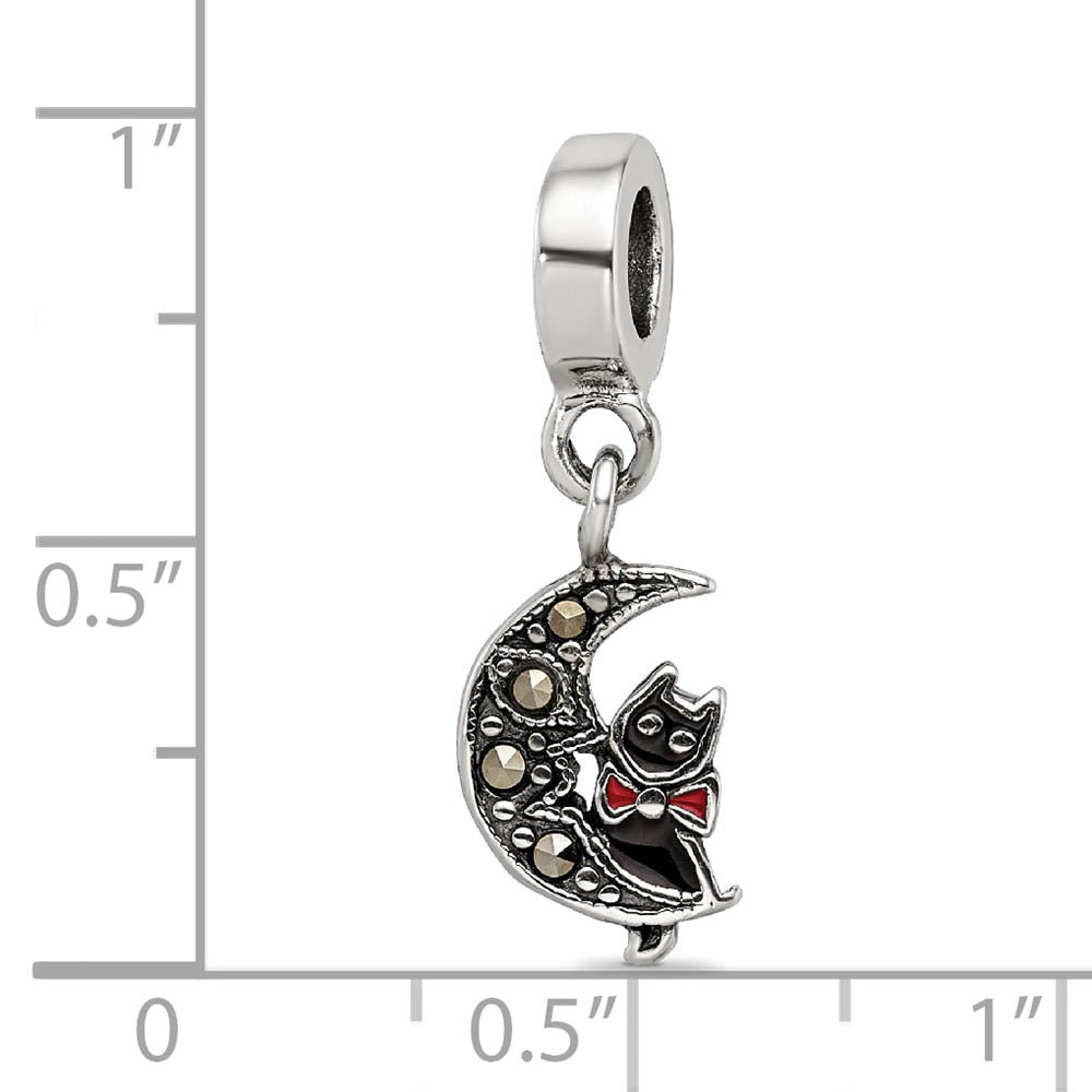 Alternate view of the Sterling Silver, Enameled Cat & Marcasite Moon Dangle Bead Charm by The Black Bow Jewelry Co.